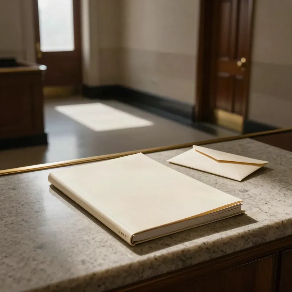 Couloir vide de palais de justice avec dossier clos et enveloppe scellée sur un guichet.