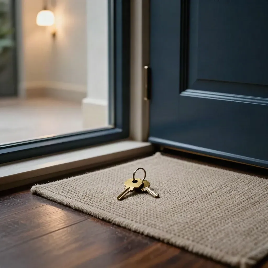Entrée d’appartement calme avec clés, paillasson net et serrure alignée, lumière douce.
