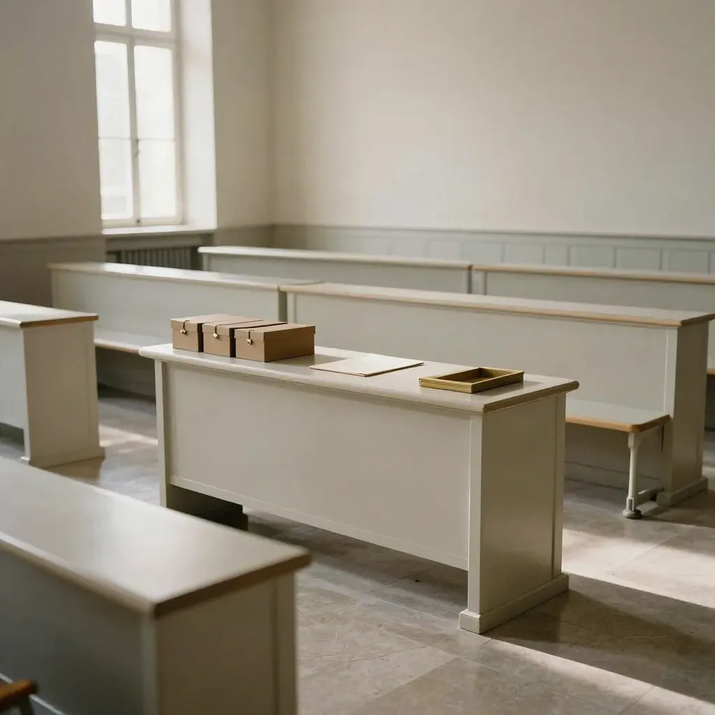 Salle d’audience vide, dossier central fermé, boîtes de preuve alignées, lumière douce sur l’ivoire.