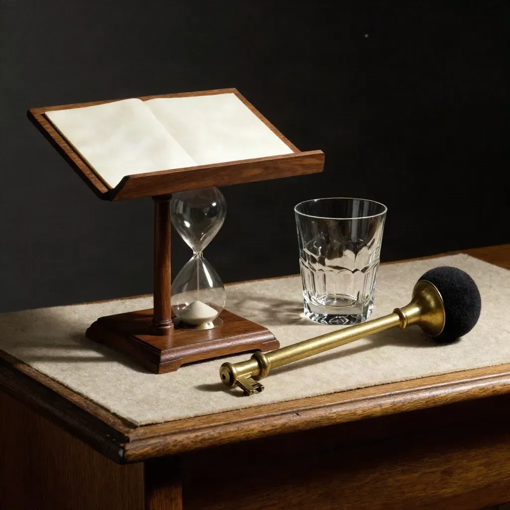 Petit pupitre en bois, sablier, verre d’eau et gong laiton dans une lumière dramatique.
