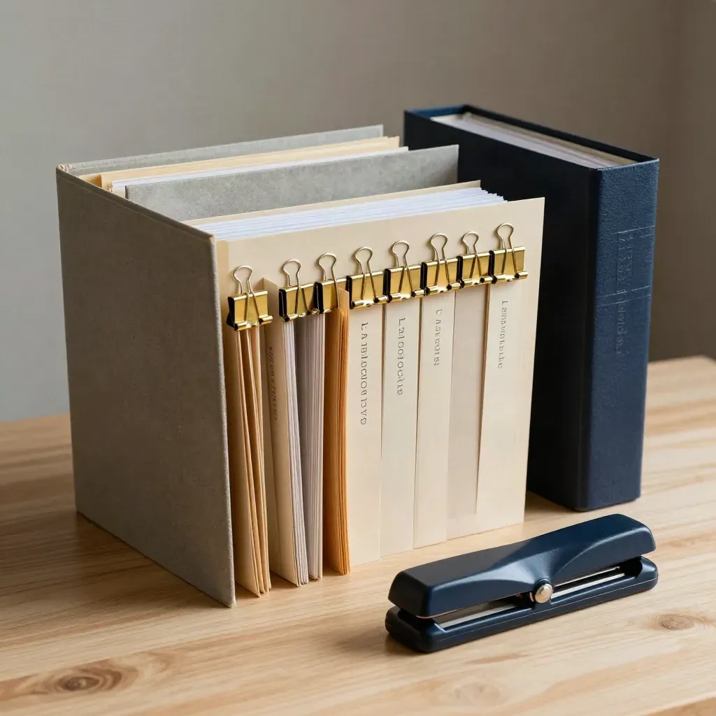 Chemises classées, intercalaires et coupe-papier sur bois pâle, lumière latérale douce.