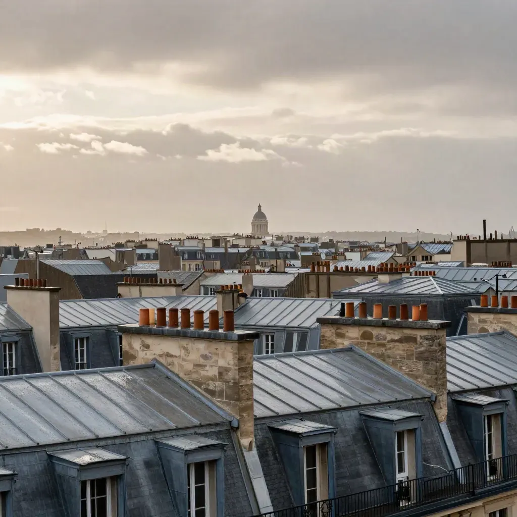 Toits de Paris en zinc après la pluie, dôme au loin et ciel bas bleuté.